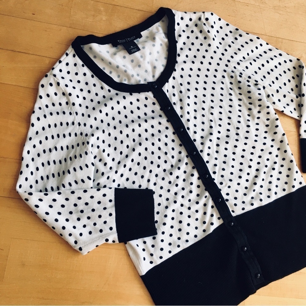 White House Black Market Polka Dot Snap Button Cardigan, Black, White, Size S